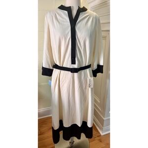 Vtg Henry Lee Size 16 Black & Cream Midi Shift Dress Long Sleeve‎ New With Tags